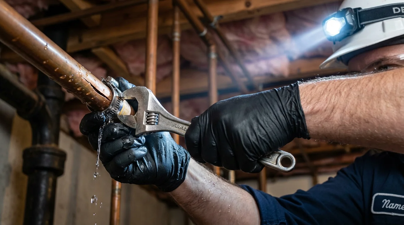 Emergency pipe clamp repair being performed by a Johns Plumbing LLC plumber in Holland