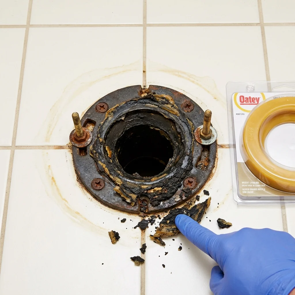 Failed wax ring showing water seepage at the base of a toilet in a Holland, MA home