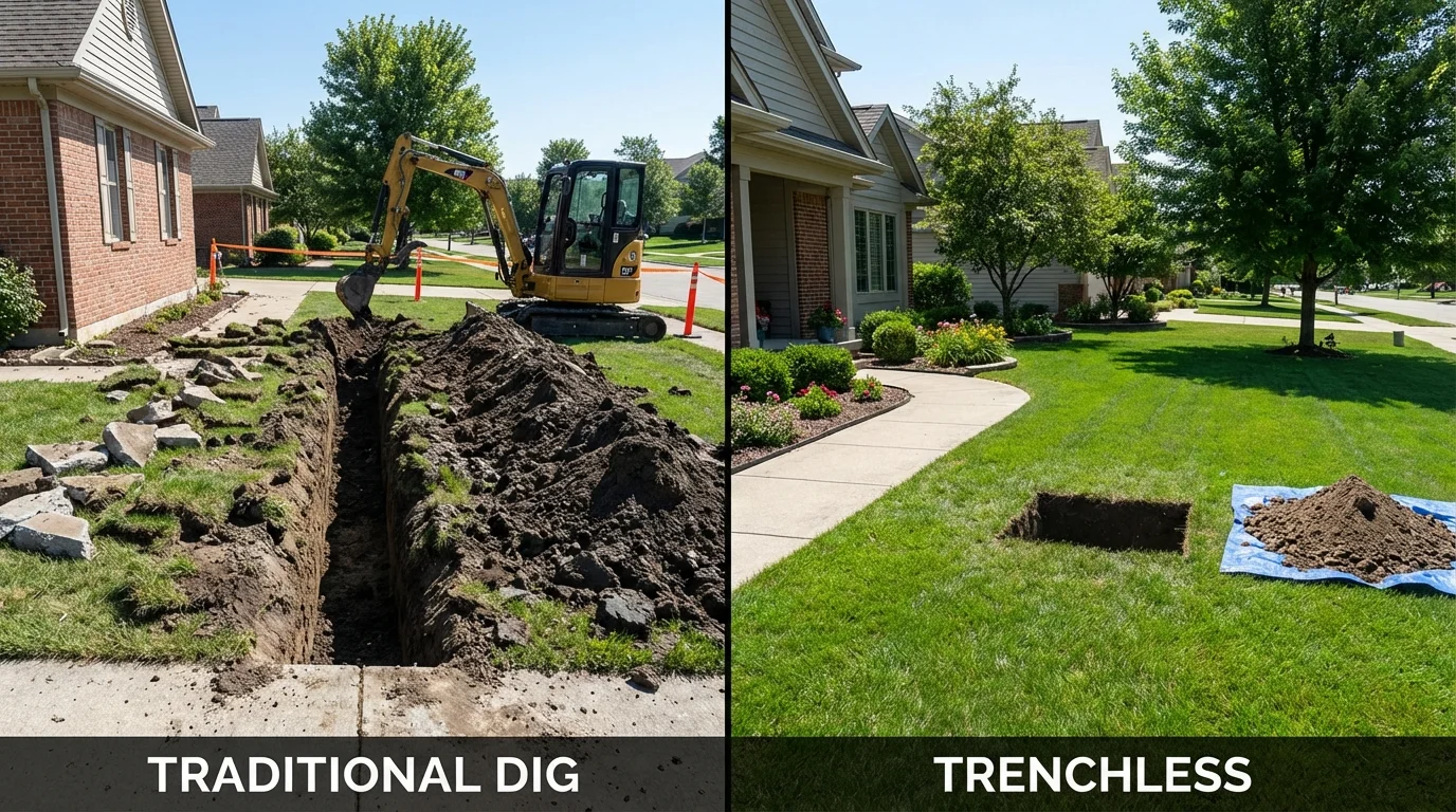 Trenchless sewer repair with minimal yard damage versus traditional excavation in Holland, MA