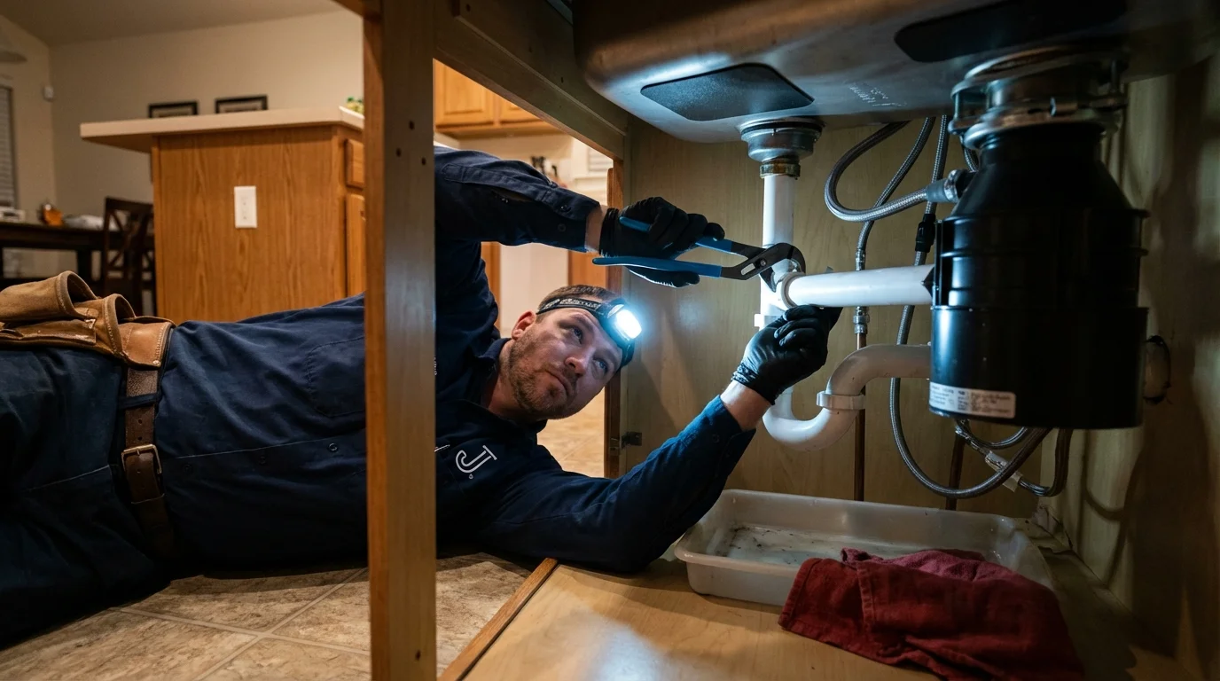 P-trap and supply line connections under a kitchen sink showing a common leak point in Holland, MA